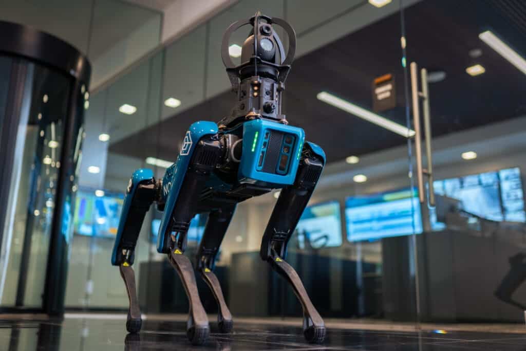 WIRE - Novva Data Centers robotic security dog standing in front of security gate at Utah data center in Salt Lake City